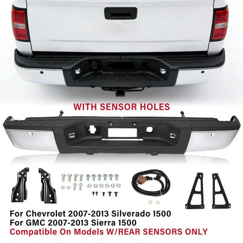 Solid Spare New Chrome Rear Bumper For 2007-2013 Chevy Silverado GMC Sierra 1500 Sensor Hole