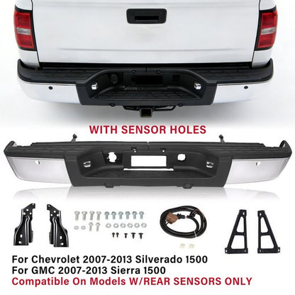 Solid Spare New Chrome Rear Bumper For 2007-2013 Chevy Silverado GMC Sierra 1500 Sensor Hole