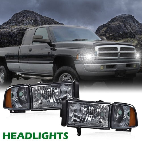 Solid Spare Amber Corner Smoke Headlights Assembly Fit For 94-02 Dodge Ram 1500 2500 3500