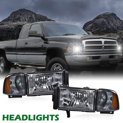 Solid Spare Amber Corner Smoke Headlights Assembly Fit For 94-02 Dodge Ram 1500 2500 3500