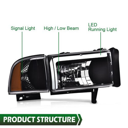 Solid Spare LED DRL Headlights Corner Lamps Black Fit For 94-02 Dodge Ram 1500 2500 3500