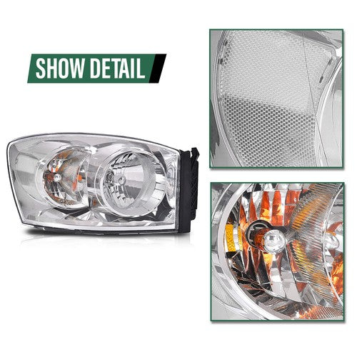 Solid Spare Fit For 06-08 Dodge Ram 1500/2006-2009 Ram 2500 3500 Clear Chrome Headlights
