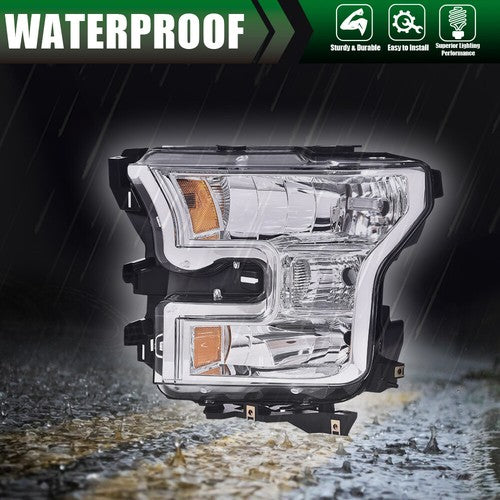 Solid Spare Chrome Headlights Amber Corner Headlamp For 2015-2017 Ford F150 F-150 Left+Right