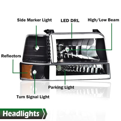 Solid Spare Fit For 92-96 Ford F-150 Bronco LED DRL Headlights Bumper Lamps Black