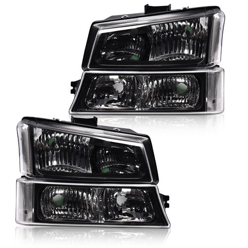 Solid Spare Black Headlights+Clear Reflector Signal Bumper Lamps Fit For 2003-2006 Silverado