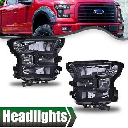 Solid Spare Fit For 15-17 Ford F-150 Smoke Lens Chrome Housing Headlights Headamps LH RH