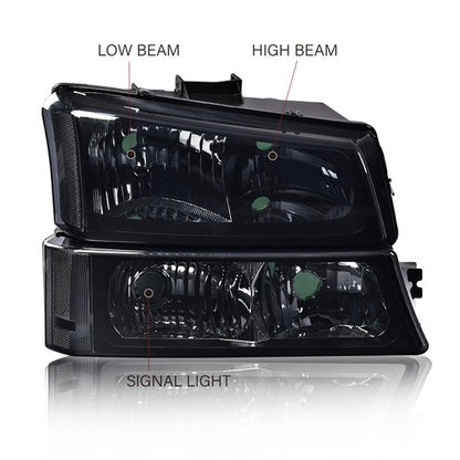 Solid Spare Fit For 2003-2006 Chevy Silverado Smoke Lens Black Headlights+Red Tail Lights