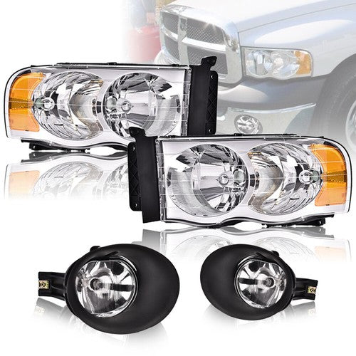 Solid Spare Amber/Chrome Headlights+Fog Lights Fit For 2002-2005 Dodge Ram 1500 2500 3500