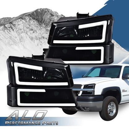 Solid Spare LED DRL Smoked Lens Black Housing Headlights Fit For 2003-2007 Chevy Silverado