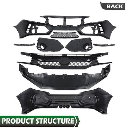 Solid Spare Fit For 2016-2021 Honda Civic Type R Style Front & Rear Bumper Cover Full Set