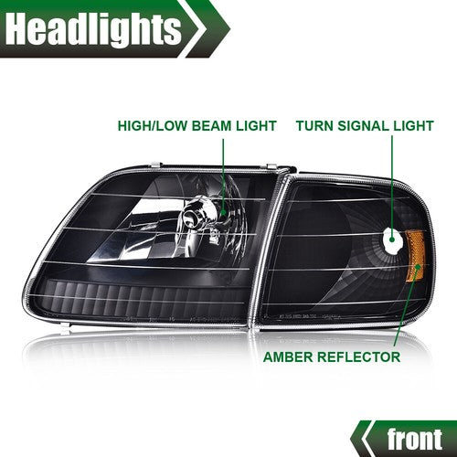 Solid Spare Amber Black Headlights & Corner Lights Fit For 1997-2003 Ford F150 Expedition