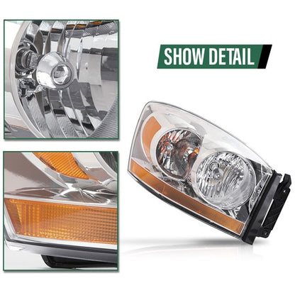 Solid Spare Fit For 06-2008 Dodge Ram 1500/06-09 Ram 2500 3500 Amber Chrome Headlight Right