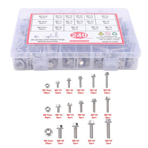 Solid Spare 240 pieces of M5, M6, M8 Flanged 304 Stainless Steel Bolts and Nuts Kit