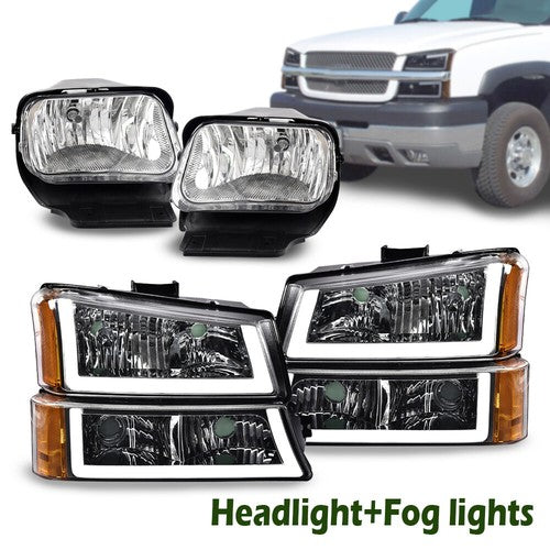 Solid Spare Fit For 2003-2007 Chevy Silverado/Avalanche LED DRL Black Headlights+Fog Lights
