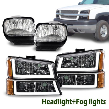 Solid Spare Fit For 2003-2007 Chevy Silverado/Avalanche LED DRL Black Headlights+Fog Lights