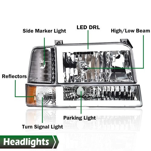 Solid Spare Clear Chrome LED DRL Headlights Bumper Lamps Fit For 92-96 Ford F-150 Bronco
