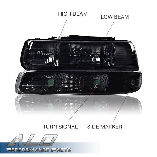 Solid Spare Fit For 1999-2002 Chevy Silverado Smoke Lens Black Housing Headlights Headlamps
