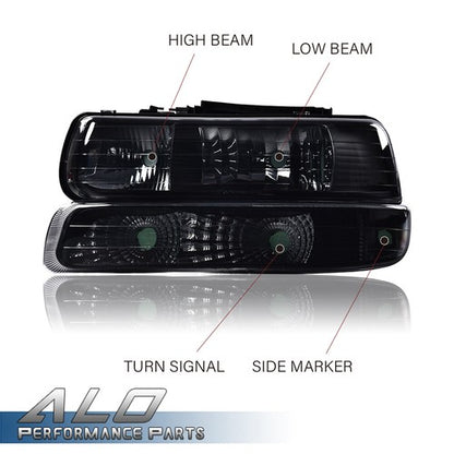 Solid Spare Fit For 1999-2002 Chevy Silverado Smoke Lens Black Housing Headlights Headlamps