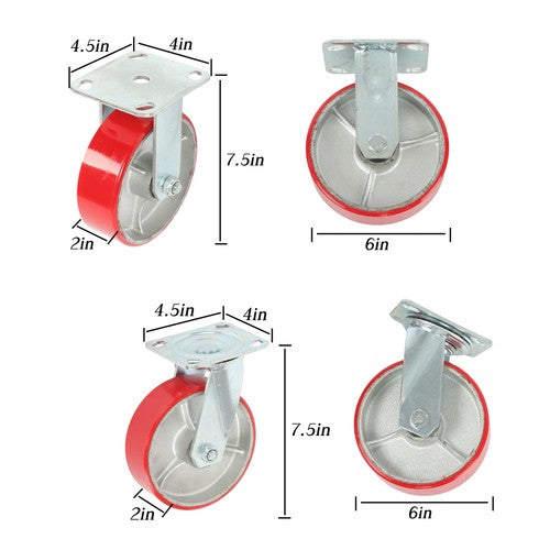 Solid Spare 4 Pack Swivel Caster Wheels 6" × 2" Polyurethane 4800Lbs (2 Swivel & 2 Rigid)