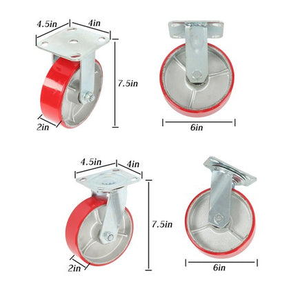Solid Spare 4 Pack Swivel Caster Wheels 6" × 2" Polyurethane 4800Lbs (2 Swivel & 2 Rigid)