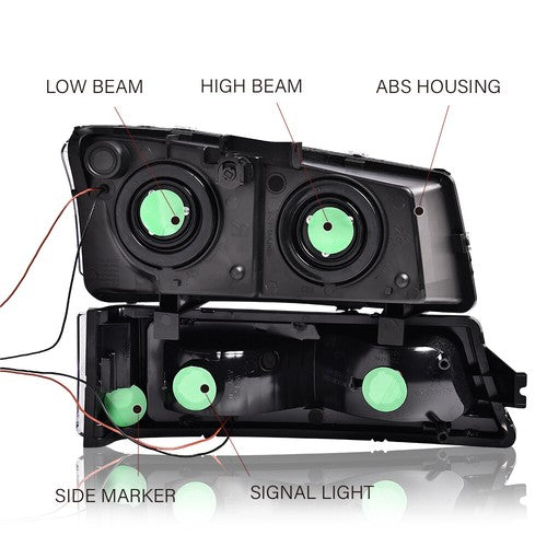 Solid Spare LED DRL Bumper Headlights +Smoke Tail Lights Fit For 2003-2007 Chevy Silverado