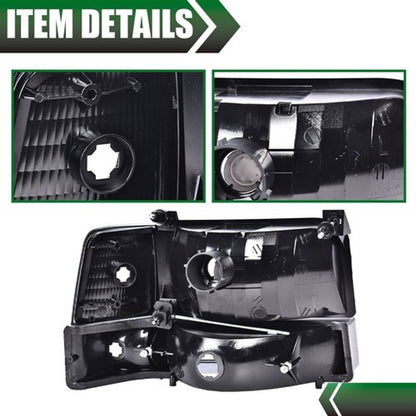 Solid Spare Fit For 1992-1996 Ford F150 F250 F350 Bronco Clear Black Headlights Bumper Lamps