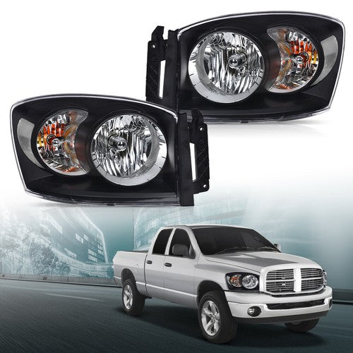 Solid Spare Fit For 06-09 Dodge Ram 1500 2500 3500 Headlights Headlamps Set Black/Clear