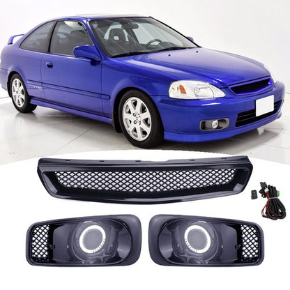 For 1999-2000 Honda Civic JDM Type R Black Grille Grill & LED Fog Lights 3PCS