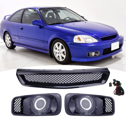 Solid Spare For 1999-2000 Honda Civic JDM Type R Black Grille Grill & LED Fog Lights 3PCS