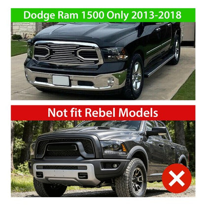 Solid Spare Front Upper Big Horn Black Grille Shell With Light For 2013-2018 Dodge Ram 1500