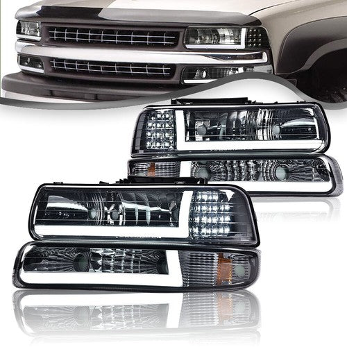 Solid Spare Smoke Lens LED DRL Headlights Fit For 99-02 Chevy Silverado/00-06 Suburban Tahoe