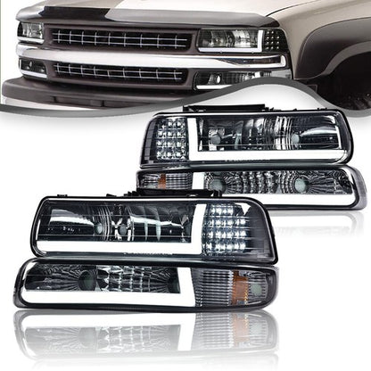 Solid Spare Smoke Lens LED DRL Headlights Fit For 99-02 Chevy Silverado/00-06 Suburban Tahoe