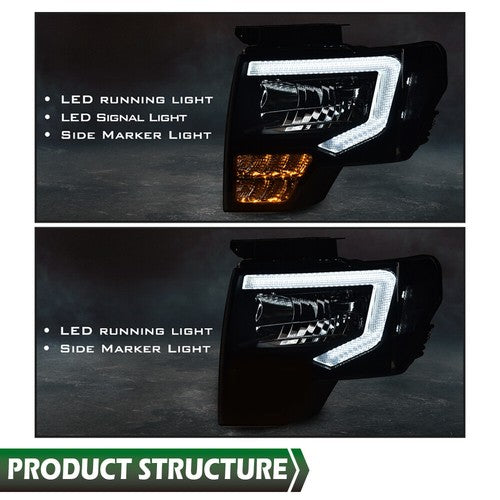 Solid Spare Fit For 2009-2014 Ford F-150 F150 Headlights Black/Smoke LED DRL Head Lamps