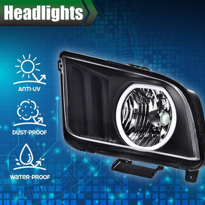 Solid Spare LED DRL Halo Headlights Assembly Fit For 2005-2009 Ford Mustang Black Headlamps