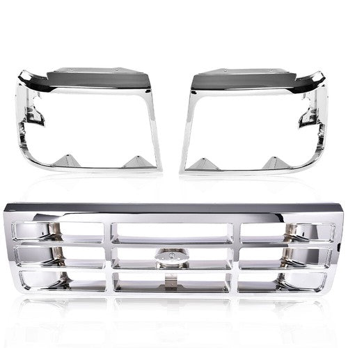 Solid Spare Front Grille+Headlight Trim Bezel Chrome Set Fit For 1992-1996 Ford Bronco F150