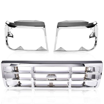 Solid Spare Front Grille+Headlight Trim Bezel Chrome Set Fit For 1992-1996 Ford Bronco F150