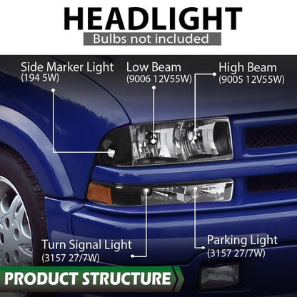 Solid Spare Fit For 98-2004 Chevy S10 Blazer Black/Amber Corner Headlights Bumper Headlamps