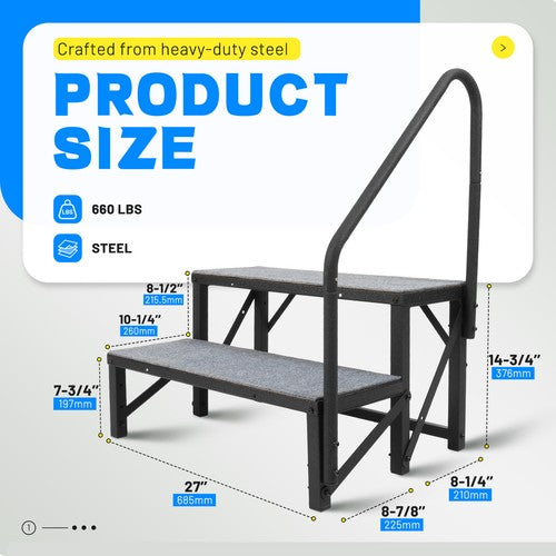 Solid Spare 2 Steps Ladder RV Step 660Lbs w/Handrail For Trailer Travel Camper Home Stairs