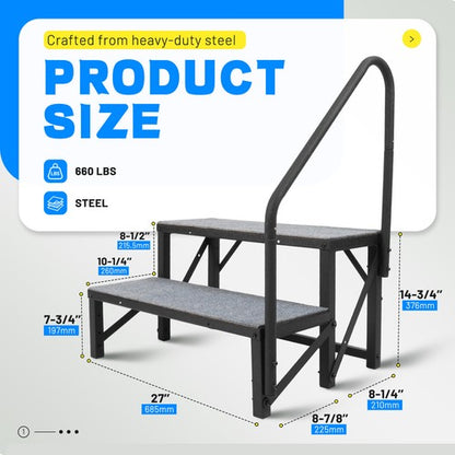 Solid Spare 2 Steps Ladder RV Step 660Lbs w/Handrail For Trailer Travel Camper Home Stairs