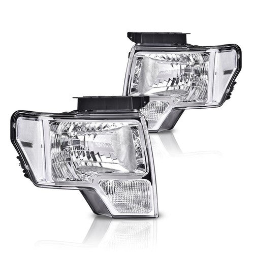 Solid Spare FIT FOR 2009-2014 FORD F150 CLEAR LENS CHROME HOUSING HEADLIGHTS LAMPS LH+RH