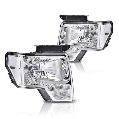 Solid Spare FIT FOR 2009-2014 FORD F150 CLEAR LENS CHROME HOUSING HEADLIGHTS LAMPS LH+RH