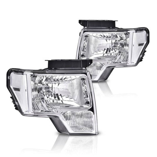 Solid Spare FIT FOR 2009-2014 FORD F150 CLEAR LENS CHROME HOUSING HEADLIGHTS LAMPS LH+RH