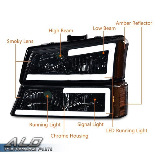 Solid Spare Fit For 03-06 Chevy Silverado LED DRL Headlights Amber Smoke+Red Tail Lights