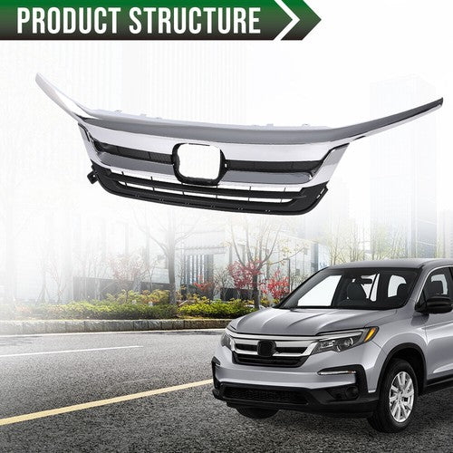 Solid Spare Fit For 19-21 Honda Pilot Front Bumper Upper Grille Grill w/ Chrome Trim