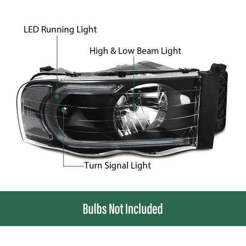 Solid Spare Clear/Black LED Tube DRL Headlights Fit For 2002-2005 Dodge Ram 1500 2500 3500