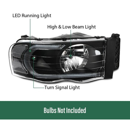 Solid Spare Clear/Black LED Tube DRL Headlights Fit For 2002-2005 Dodge Ram 1500 2500 3500
