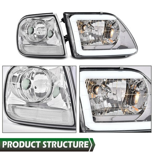 Solid Spare Chrome LED DRL Headlights+Corner Lights Fit For 97-03 Ford F150/99-02 Expedition