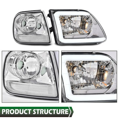 Solid Spare Chrome LED DRL Headlights+Corner Lights Fit For 97-03 Ford F150/99-02 Expedition