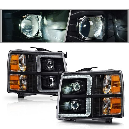 Solid Spare LED DRL Projector Headlights Black Fit For 07-13 Chevy Silverado 1500/2500/3500