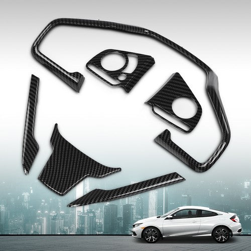 Solid Spare 6pcs Steering Wheel Cover Trim Fit For 2016-2019 Honda Civic Carbon Fiber Look